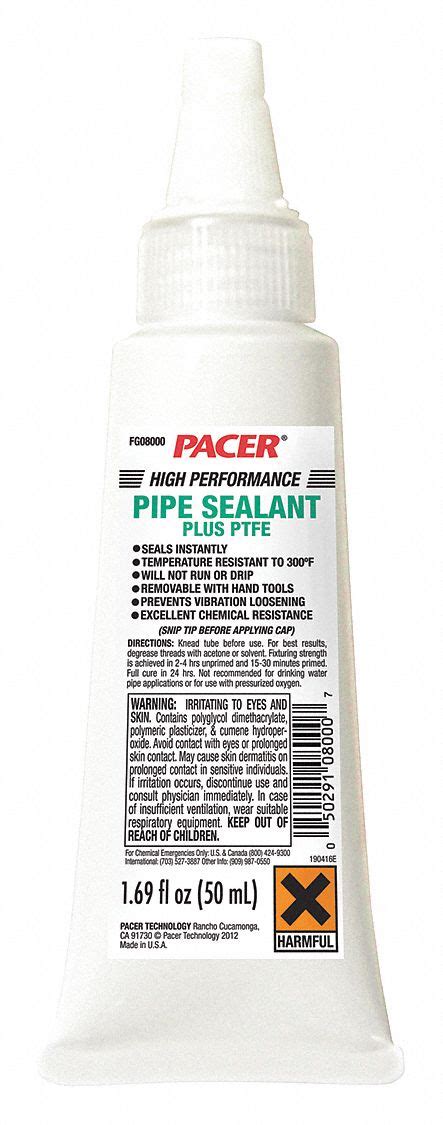 PACER PTFE Pipe Thread Sealant, -60° to 300°F Temp. Range, Full Cure 24 ...