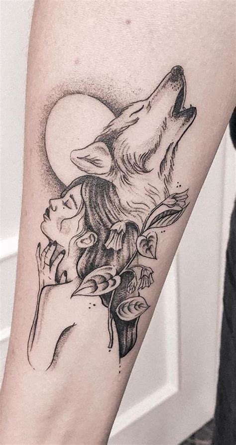 Girl and Wolf With the Moon Temporary Tattoo Waterproof Wolf Tattoo for ...