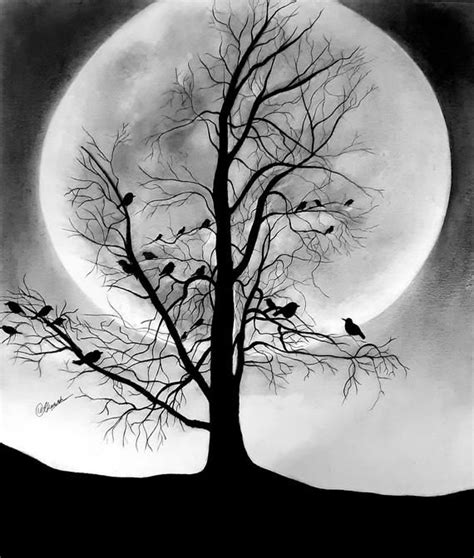 Original Pencil Drawing, Tree With Moon Landscape, Scenery, Wall Decor ...