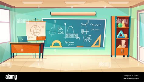 Classroom for math learning with formula on chalkboard. Vector cartoon ...