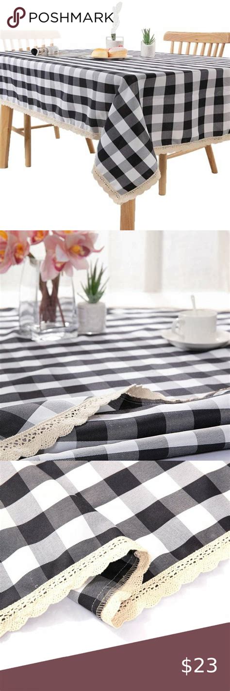 black and white checkered table cloths on a dining room table with ...