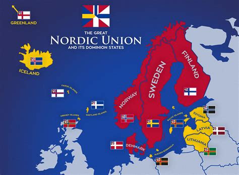 Map of a fictional Nordic Union of Denmark, Norway, Sweden and Finland with its nine dominion ...