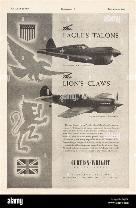 1941 UK Magazine Curtiss-Wright Aircraft Advert Stock Photo - Alamy