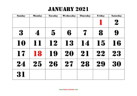 20+ January 2021 Calendar Big Numbers - Free Download Printable Calendar Templates ️