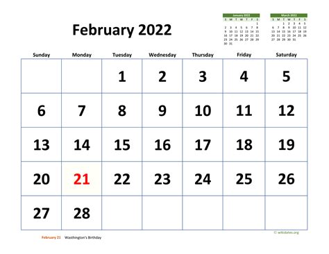 February 2022 Calendar with Extra-large Dates | WikiDates.org