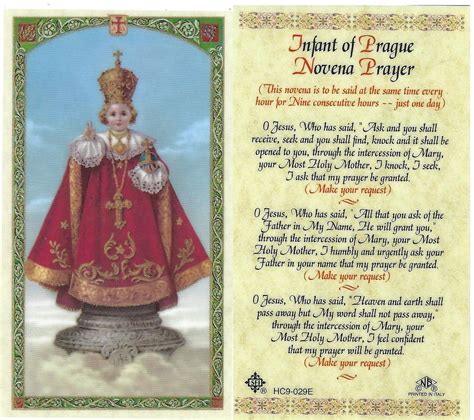 Infant of Prague Novena prayer, Laminated prayer card