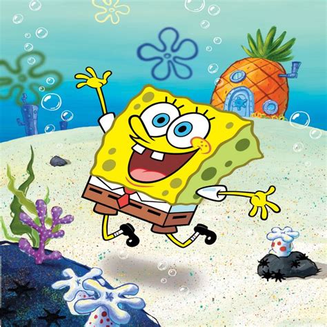 spongebob running on the beach in front of a pineapple and an octopus