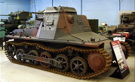 The rare Panzer 1 command variant on display at Bovington with visible damage on its side armor ...