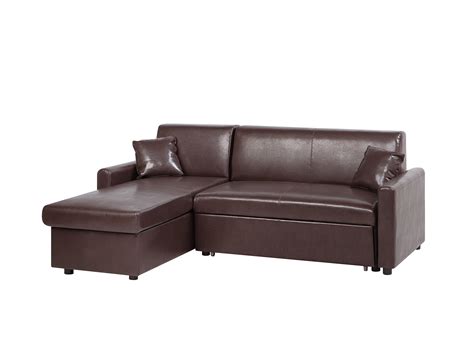 Right Hand Faux Leather Corner Sofa Bed with Storage Dark Brown OGNA | Beliani.co.uk