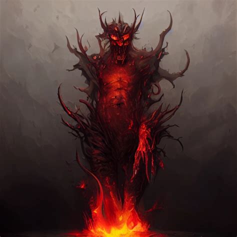 Crippled old demon's body, brutal, dark, fire, concept | Midjourney