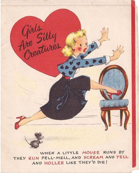 GIRLS ARE SILLY CREATURES on red heart, girl leaps right, away from ...