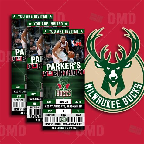 2.5×6 Milwaukee Bucks Sports Ticket Style Party Invite – Sports Invites