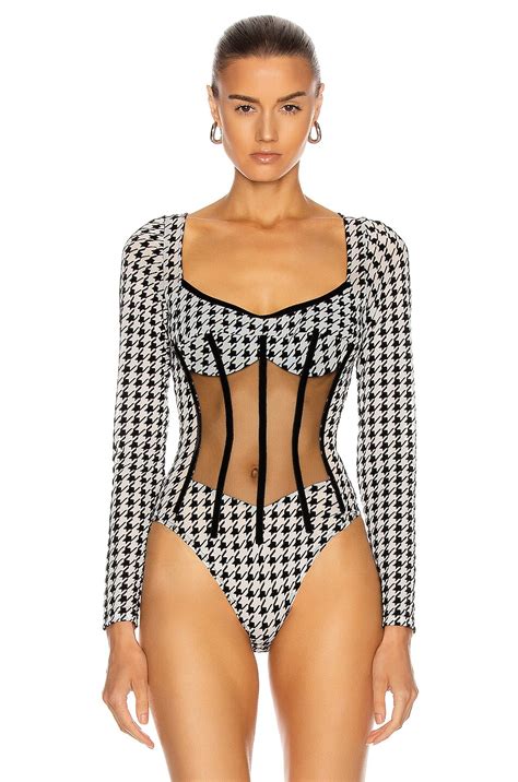 David Koma Houndstooth Net Corset Bodysuit in Black & White | FWRD