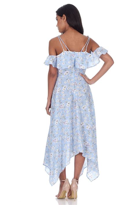 Blue Floral Cut Out Shoulder Dress – AX Paris