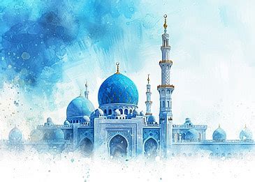 Mosque With Blue Water Color Background, Blue, Mosque, Water Color Background Image And ...