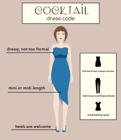 Woman cocktail dress code infographic. Female in dressy blue midi dress ...