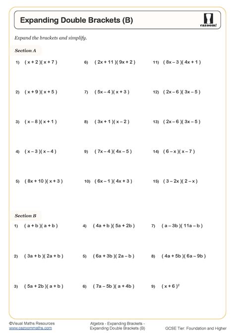 Expanding Double Brackets (B) Worksheet | Printable Maths Worksheets