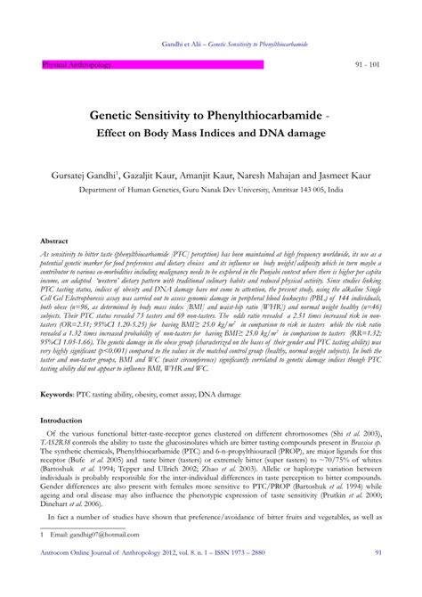 (PDF) Genetic Sensitivity to Phenylthiocarbamide – Effect on Body Mass Indices and DNA damage