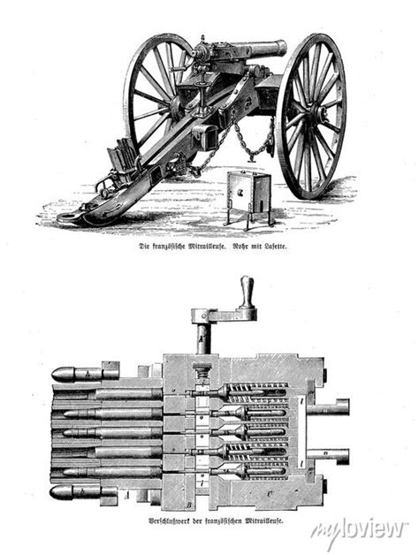 French mitrailleuse, machine gun mounted on chassis lafette, • wall stickers hand-drawn, past ...