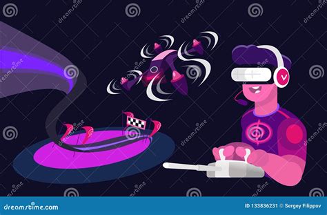 Drone Racing. Man Controlling Flying Drone. Stock Vector - Illustration ...