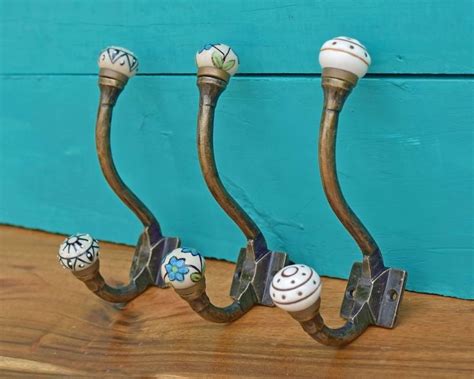 Buy Set of Vintage Ceramic Coat Hooks Hangers, Antique Bronze Iron Wall ...