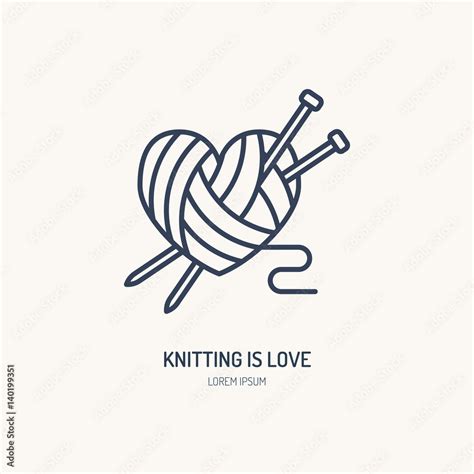 Knitting shop line logo. Yarn store flat sign, illustration of wool skeins with knitting needles ...