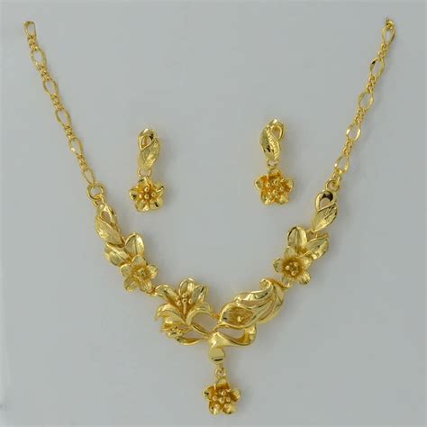 Gold Flower set Jewelry Necklace Pendant Earrings Plant Gold Plated ...