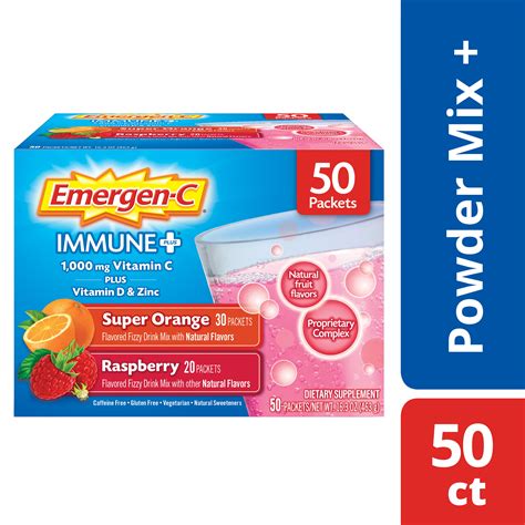 Emergen-C Immune+ Pack (50 Ct, Super Orange & Raspberry Flavors ...