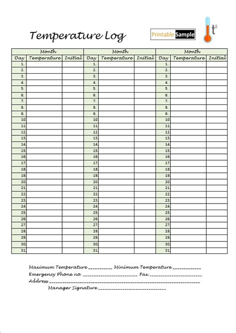 Temperature Log Sheet Celsius