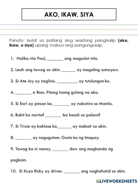 Panghalip (ako, ikaw, siya) worksheet worksheet | 2nd grade reading ...