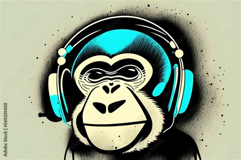 Monkey with headphones listening to music. Colored digital vector drawing illustration. Abstract ...