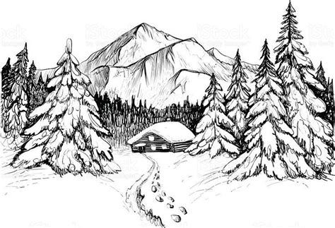 Winter forest in mountains, sketch. Black and white vector... - Art ...