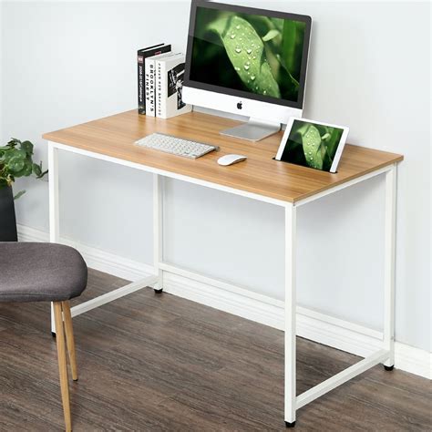 Fitueyes Writing Desk with Slot，Wood and Metal Study Computer Desk for Home & Office， White ...
