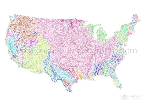 The United States - River basin map, rainbow on white - Fine Art Print ...