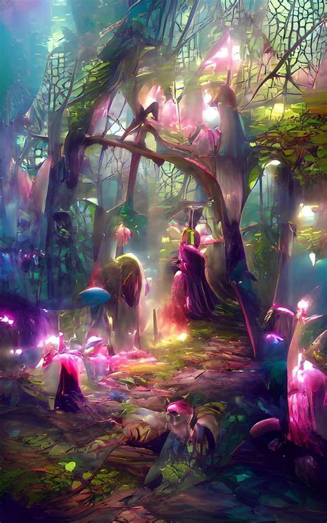 Enchanted Fairy Forest with Mushrooms and Fairy People