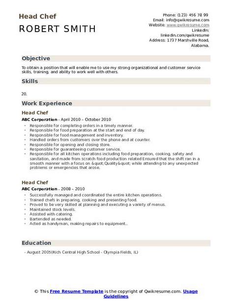 Head Chef Resume Samples | QwikResume