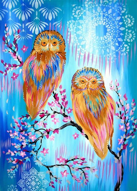 Owl Painting Owl Paintings Abstract Owls With Bright | Etsy