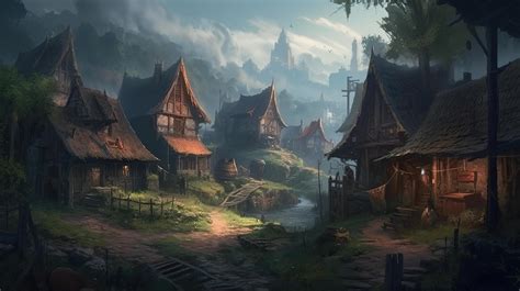 Village Fantasy Backdrop Concept Art Realistic Illustration Background ...