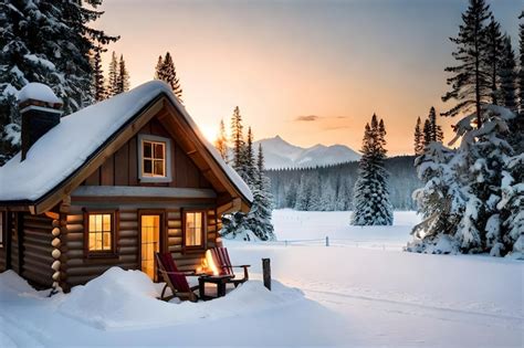 Premium AI Image | A cabin in the snow with a snowy mountain in the ...