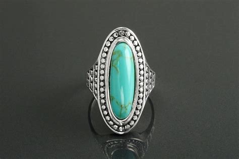 Turquoise Ring, Sterling Silver, Turquoise Stone Boho Style Ring, Long Antique Gypsy Rings ...