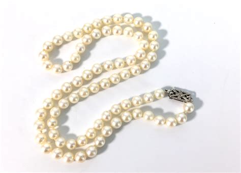 Vintage Pearl Necklace w/ 14K White Gold Clasp - 21 Long Mid century Necklace Off White 6 mm ...