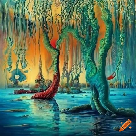 Oil painting of vibrant imaginary landscapes