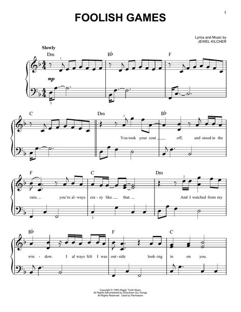 Foolish Games by Jewel Sheet Music for Very Easy Piano at Sheet Music Direct