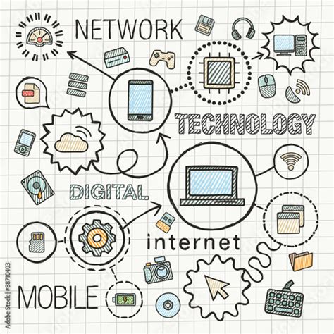 Technology hand draw integrated color icons set. Vector sketch infographic illustration. Line ...