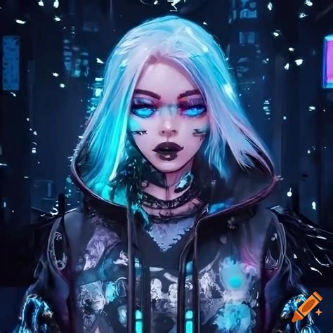 Cyberpunk goth girl with cybernetic arms in front of icy neon signs on Craiyon