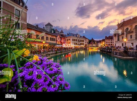 Old town of Annecy with river Thiou, medieval palace the Palais de l'Isle, Annecy, France Stock ...