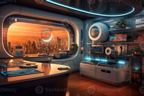 Photo of a futuristic smart home, showcasing automated systems and interconnected devices ...