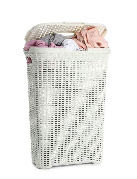 Plastic Laundry Basket Full of Dirty Clothes on White Stock Photo - Image of fabric, object ...