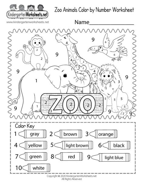 Kindergarten Zoo Animals Color by Number Worksheet Printable | Animal ...