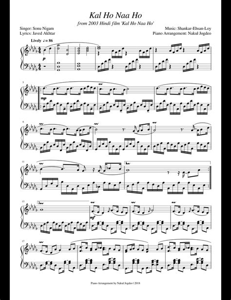 Kal Ho Naa Ho sheet music for Piano download free in PDF or MIDI